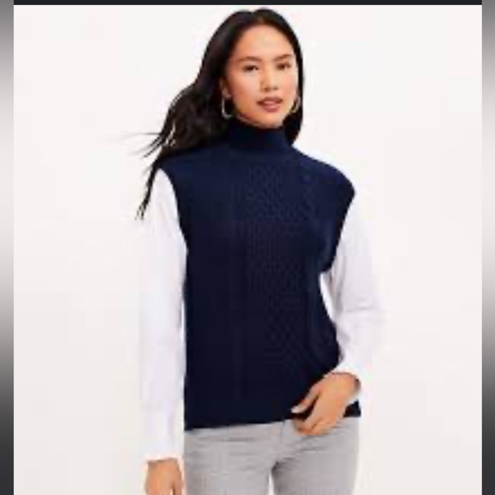 LOFT womens cable knit sweater vest top blouse XXSP petite navy white New